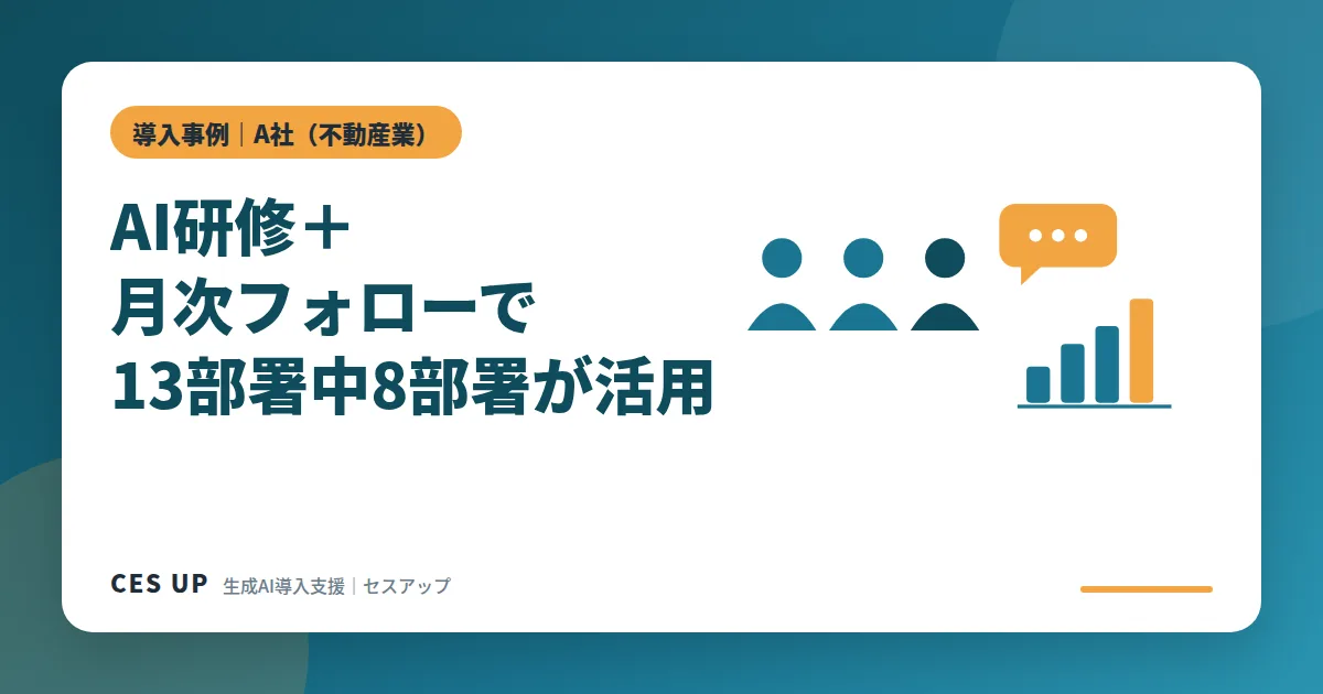 関西の不動産会社A社のAI研修と月次フォローアップの事例を示すイメージ図